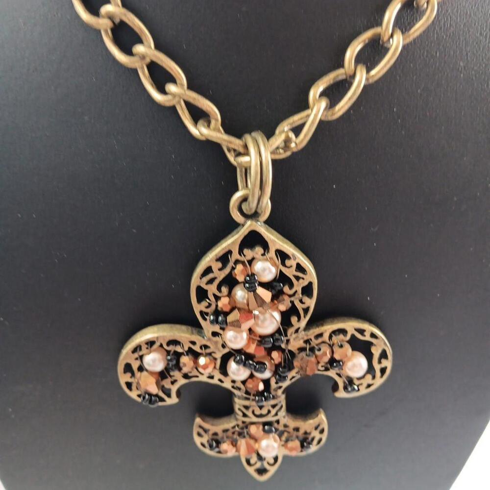 EFM Large Fleur De Lis Pendant W/ Bronze, Black & Faux Pearl Beads  Bronze Tone